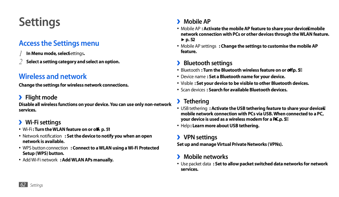 Samsung GT-P1000CWAVIA, GT-P1000CWAVD2, GT-P1000CWDDBT, GT-P1000ZKDDBT Access the Settings menu, Wireless and network 