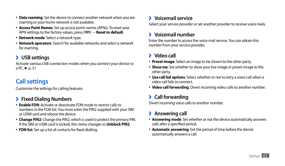 Samsung GT-P1000CWADTM, GT-P1000CWAVD2, GT-P1000CWDDBT, GT-P1000ZKDDBT, GT-P1000MSADBT, GT-P1000CWDVD2 manual Call settings 