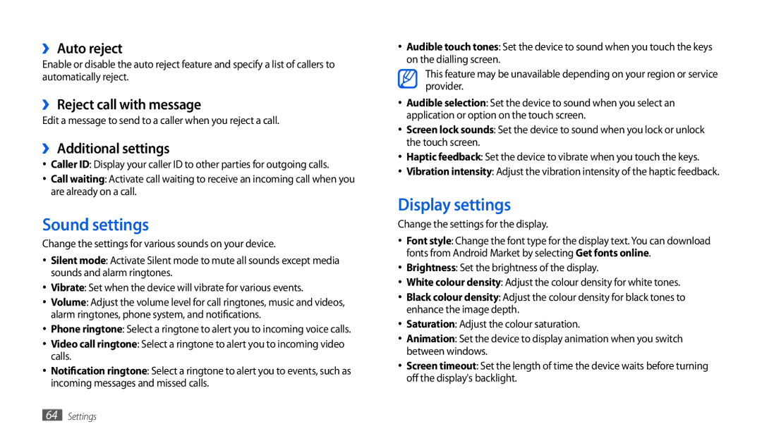 Samsung GT-P1000CWAVD2, GT-P1000CWDDBT manual Sound settings, Display settings, ›› Auto reject, ›› Reject call with message 