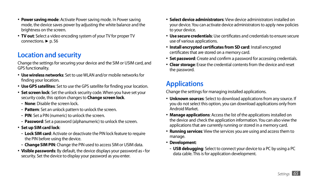 Samsung GT-P1000CWDDBT, GT-P1000CWAVD2 manual Location and security, Applications, Set up SIM card lock, Development 