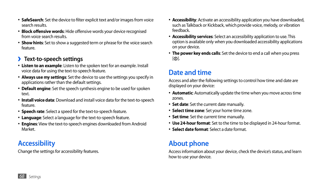 Samsung GT-P1000CWDVD2, GT-P1000CWAVD2 manual Accessibility, Date and time, About phone, ›› Text-to-speech settings 
