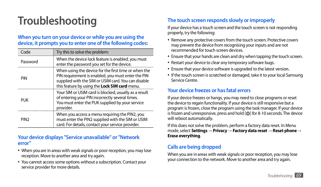 Samsung GT-P1000CWAEPL Troubleshooting, Your device displays Service unavailable or Network error, Calls are being dropped 