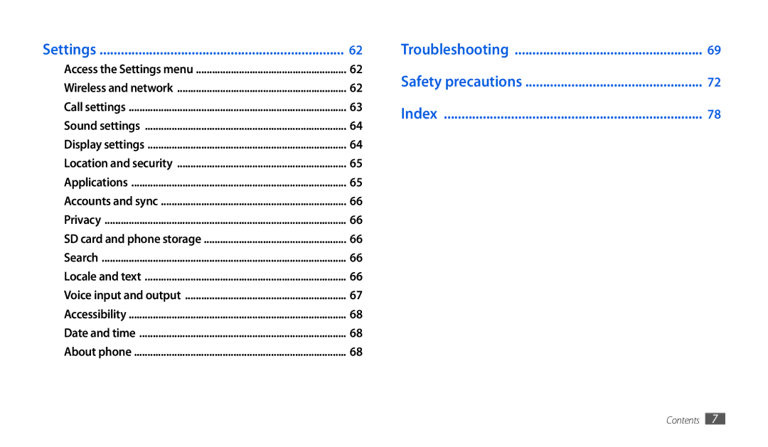 Samsung GT-P1000CWDVIA, GT-P1000CWAVD2, GT-P1000CWDDBT, GT-P1000ZKDDBT Settings, Troubleshooting Safety precautions Index 