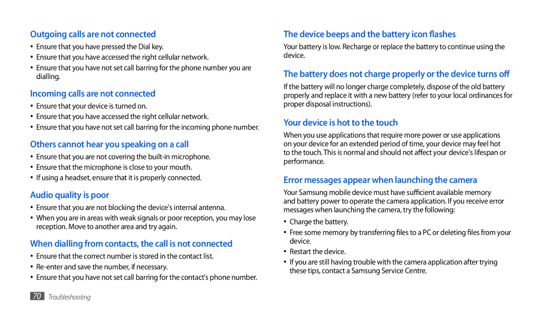 Samsung GT-P1000CWDDTM manual Outgoing calls are not connected, Incoming calls are not connected, Audio quality is poor 