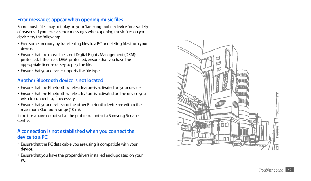 Samsung GT-P1000CWDVIA manual Error messages appear when opening music files, Another Bluetooth device is not located 