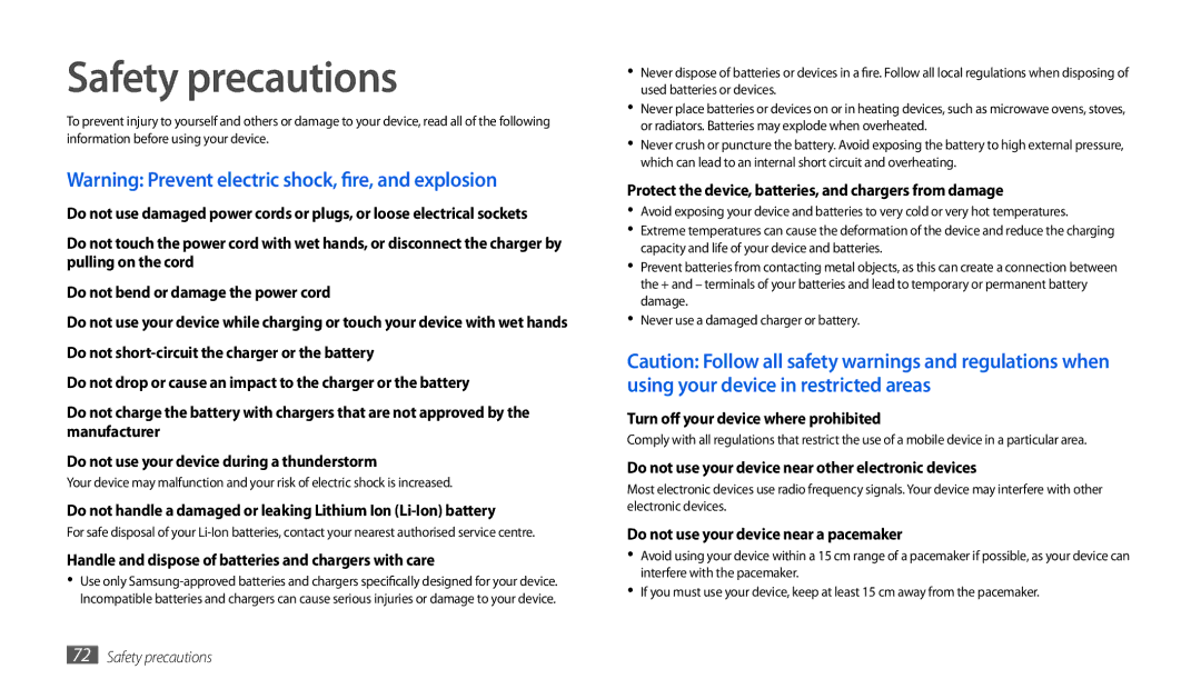 Samsung GT-P1000CWAMOB, GT-P1000CWAVD2 manual Safety precautions, Handle and dispose of batteries and chargers with care 