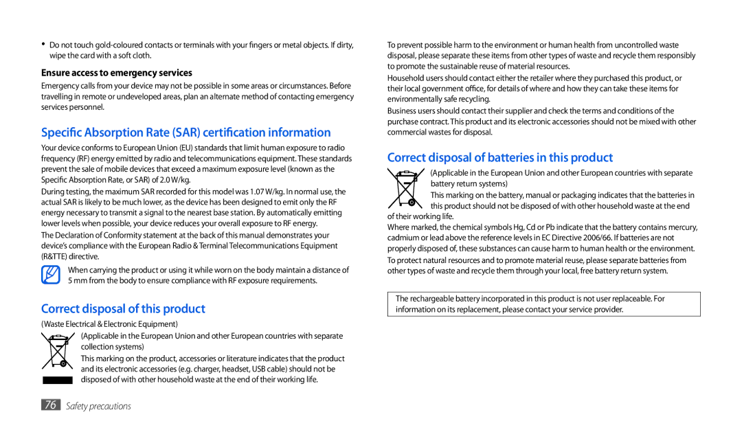 Samsung GT-P1000MSAVIA manual Specific Absorption Rate SAR certification information, Correct disposal of this product 