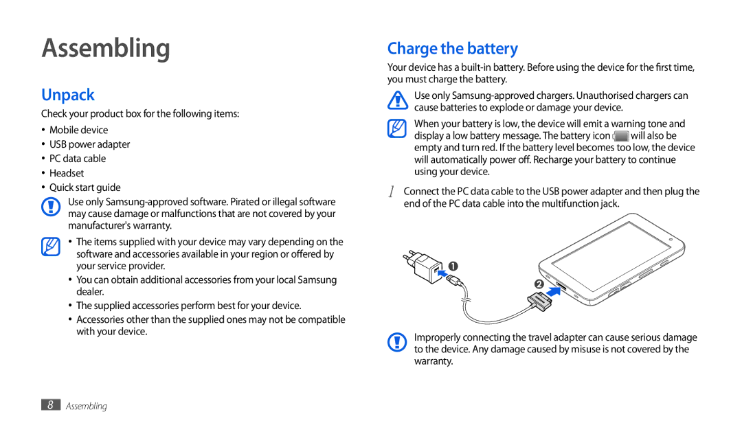 Samsung GT-P1000CWAMOB, GT-P1000CWAVD2 manual Assembling, Unpack, Charge the battery, Will also be, Using your device 