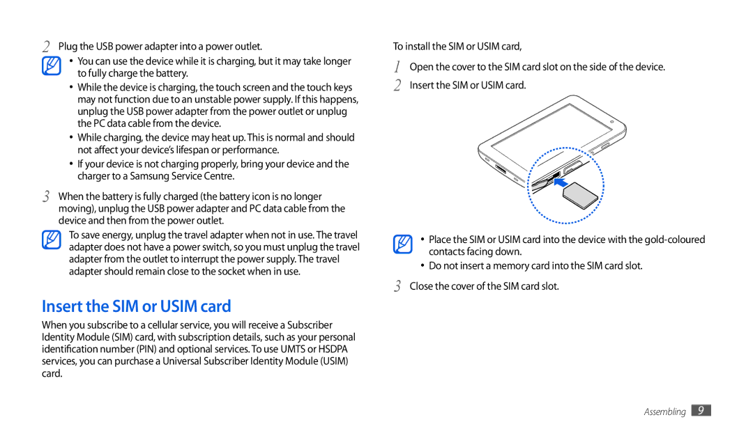 Samsung GT-P1000CWADBT Insert the SIM or Usim card, Device and then from the power outlet, To install the SIM or Usim card 