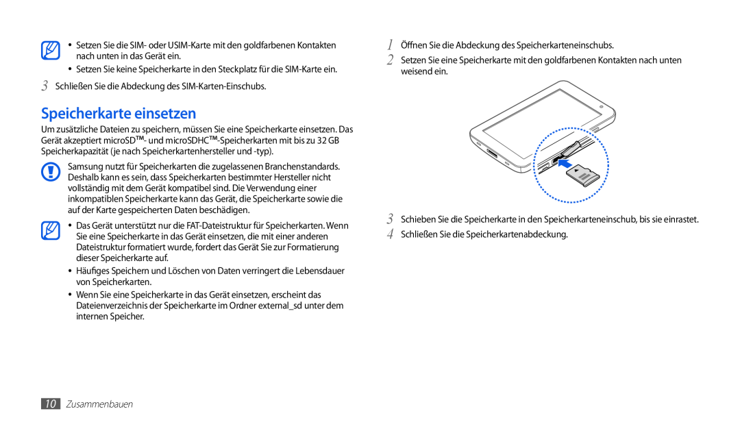 Samsung GT-P1000CWAATO manual Speicherkarte einsetzen, Öffnen Sie die Abdeckung des Speicherkarteneinschubs, Zusammenbauen 
