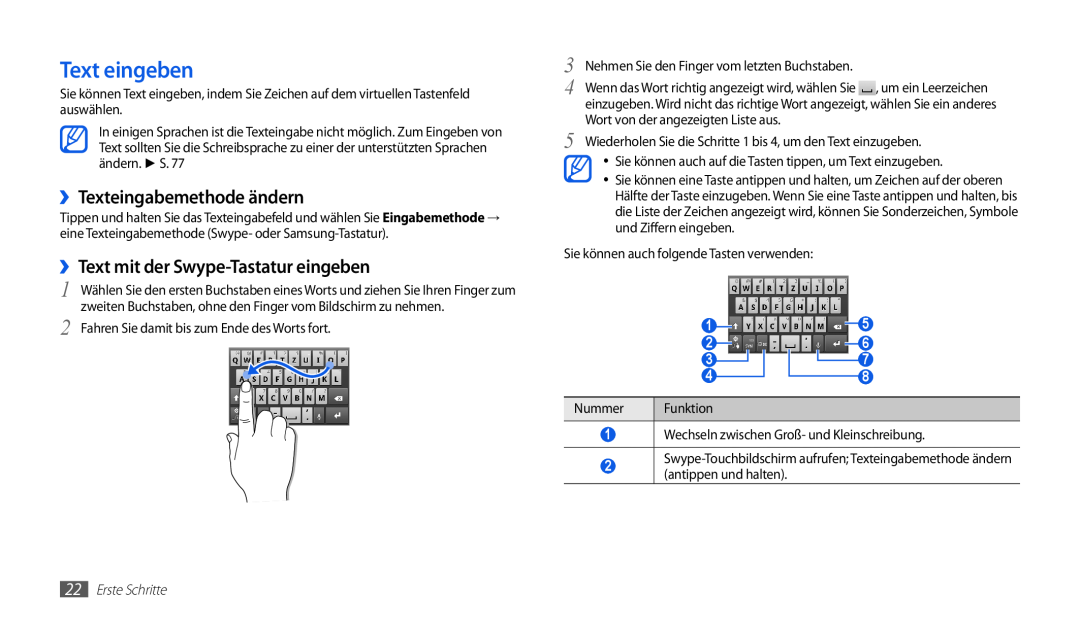 Samsung GT-P1000CWDDTM manual Text eingeben, ››Texteingabemethode ändern, ››Text mit der Swype-Tastatur eingeben, Nummer 