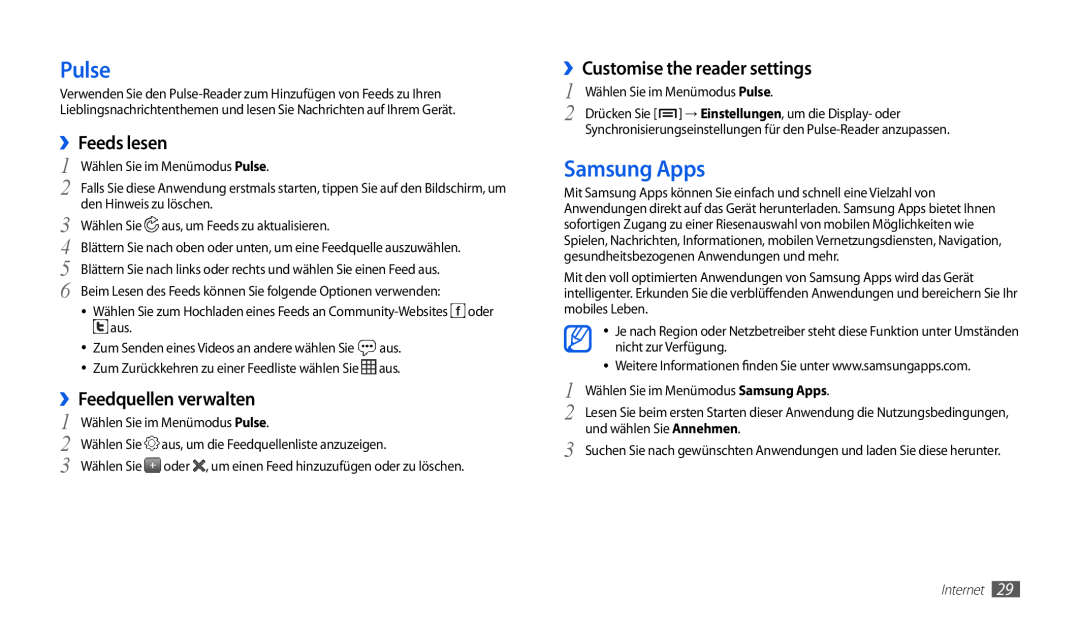 Samsung GT-P1000CWDATO manual Pulse, Samsung Apps, ››Feeds lesen, ››Feedquellen verwalten, ››Customise the reader settings 