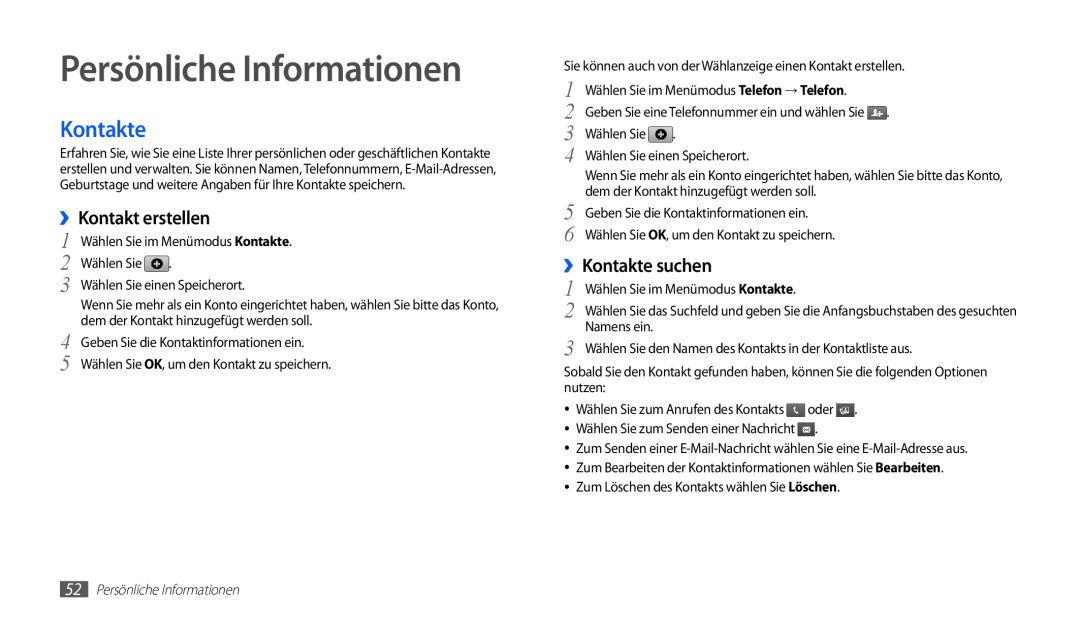 Samsung GT-P1000CWDVD2, GT-P1000CWAVD2 manual Persönliche Informationen, ››Kontakt erstellen, ››Kontakte suchen 