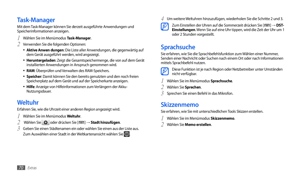 Samsung GT-P1000CWDDTM manual Task-Manager, Weltuhr, Sprachsuche, Skizzenmemo, 2 Wählen Sie Memo erstellen, Extras 