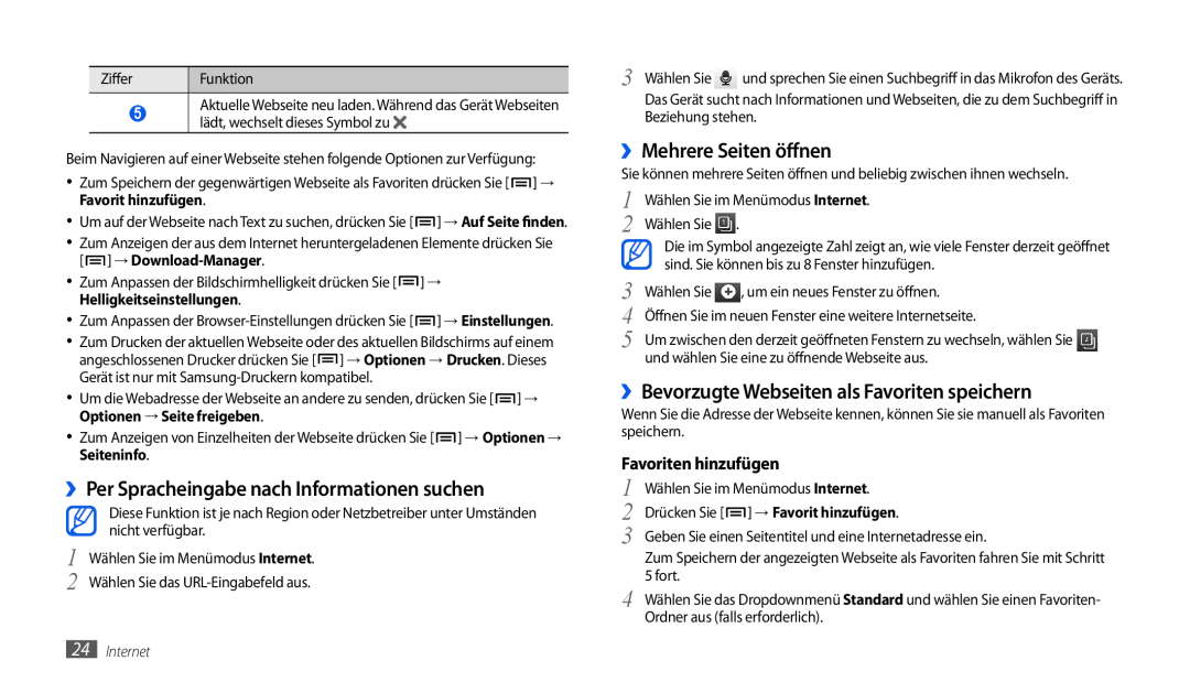 Samsung GT-P1000CWAMOB manual ››Per Spracheingabe nach Informationen suchen, ››Mehrere Seiten öffnen, Favoriten hinzufügen 
