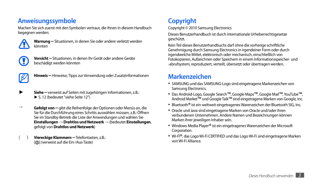 Samsung GT-P1000MSADBT, GT-P1000CWAVD2 manual Anweisungssymbole, Copyright, Markenzeichen, Dieses Handbuch verwenden 