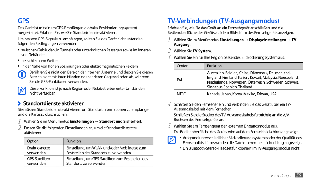 Samsung GT-P1000CWDVIA, GT-P1000CWAVD2, GT-P1000CWDDBT manual TV-Verbindungen TV-Ausgangsmodus, ››Standortdienste aktivieren 