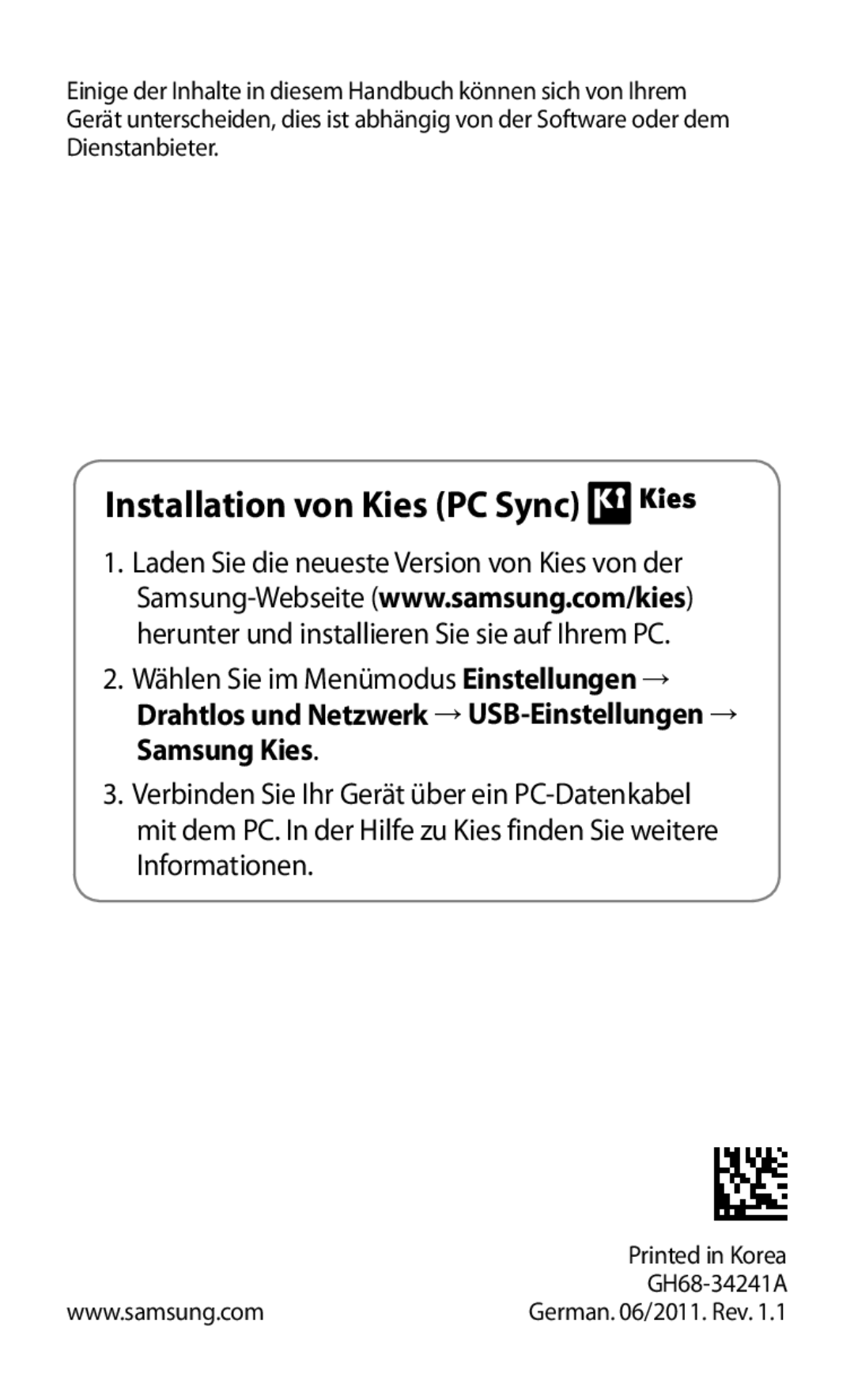 Samsung GT-P1000CWAMOB, GT-P1000CWAVD2, GT-P1000MSADBT, GT-P1000CWAEPL, GT-P1000CWADBT manual Installation von Kies PC Sync 