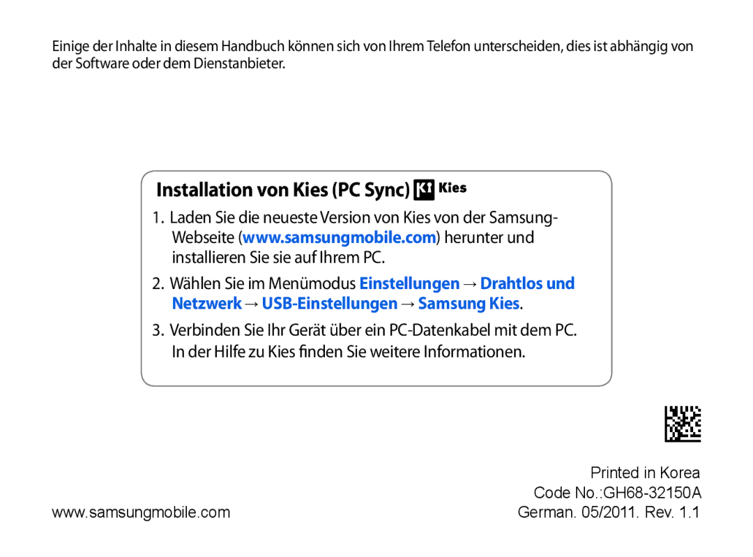 Samsung GT-P1000MSADBT, GT-P1000CWAVD2, GT-P1000CWAEPL, GT-P1000CWAMOB, GT-P1000CWADBT manual Installation von Kies PC Sync 