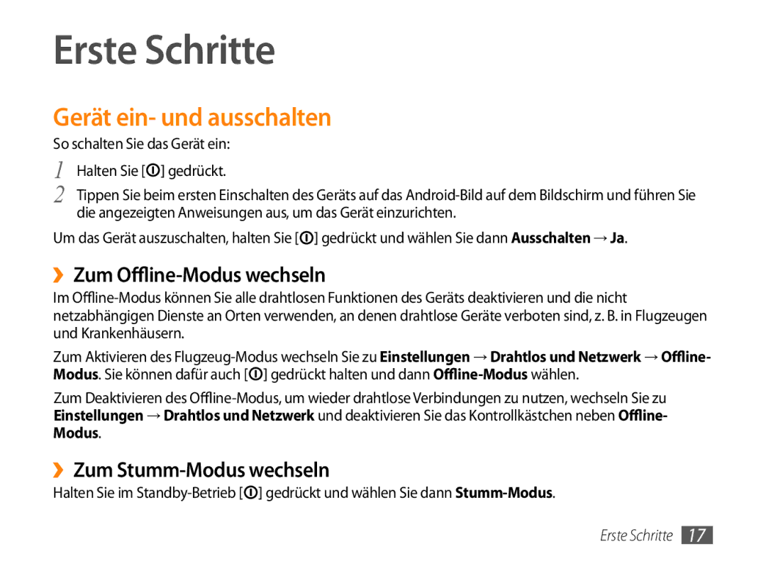 Samsung GT-P1000CWADTM, GT-P1000CWAVD2 manual Erste Schritte, Gerät ein- und ausschalten, ››Zum Offline-Modus wechseln 