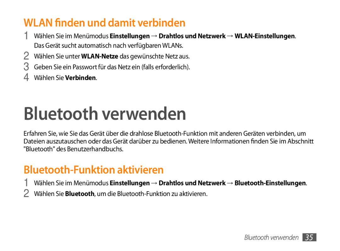 Samsung GT-P1000CWADTM, GT-P1000CWAVD2 Bluetooth verwenden, Wlan finden und damit verbinden, Bluetooth-Funktion aktivieren 