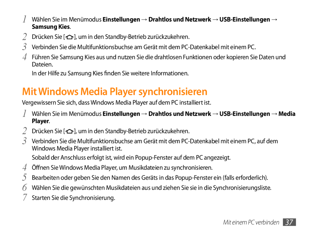 Samsung GT-P1000MSADBT, GT-P1000CWAVD2, GT-P1000CWAEPL, GT-P1000CWAMOB manual Mit Windows Media Player synchronisieren 