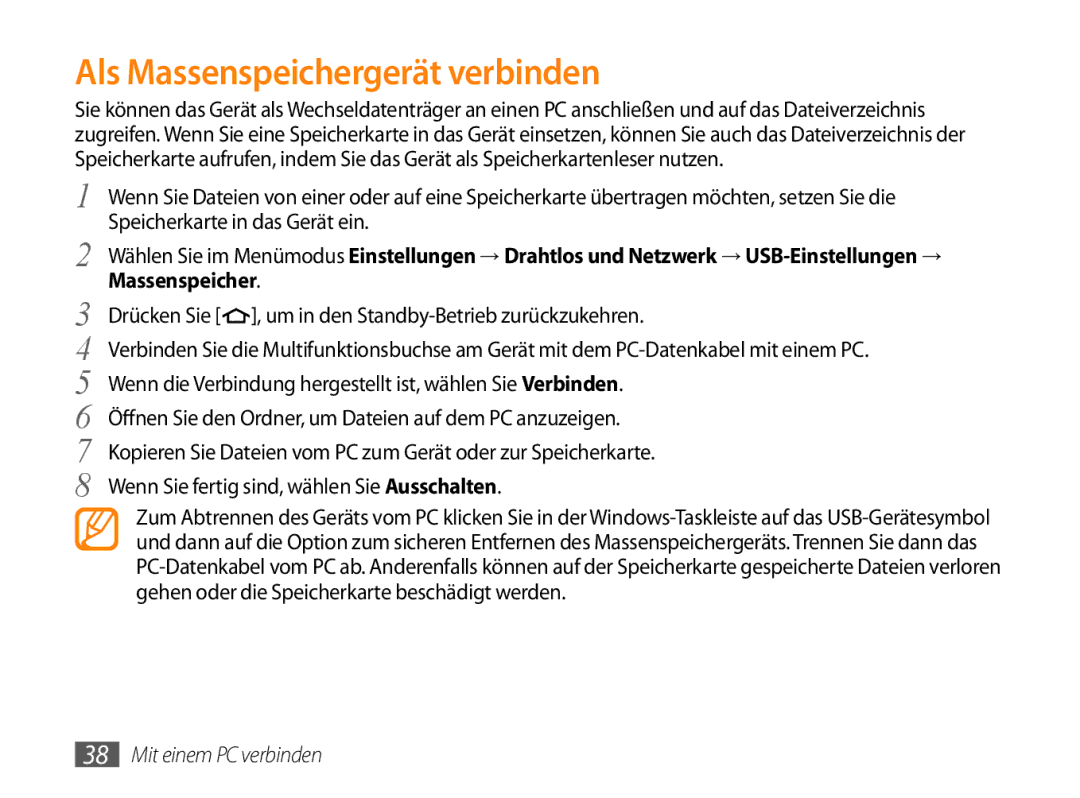 Samsung GT-P1000CWAEPL, GT-P1000CWAVD2, GT-P1000MSADBT, GT-P1000CWAMOB, GT-P1000CWADBT manual Als Massenspeichergerät verbinden 