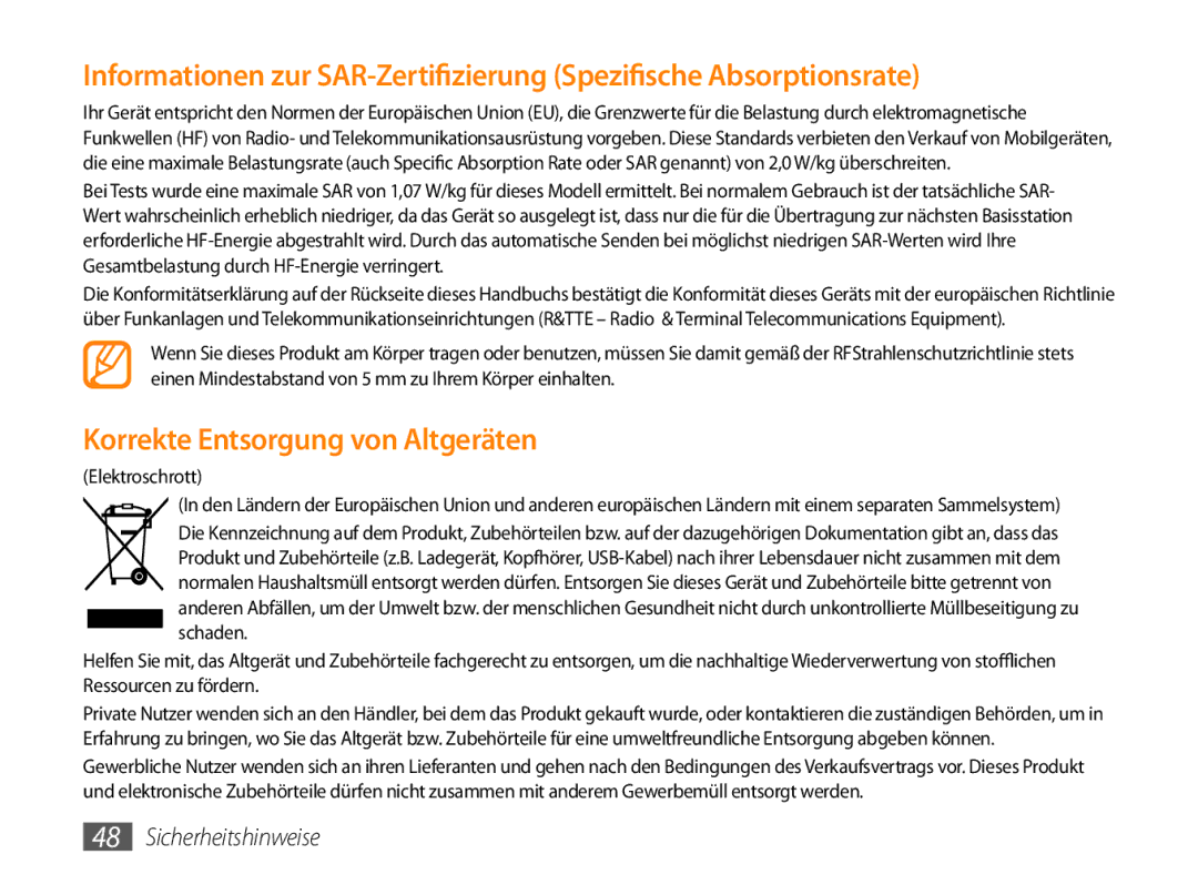 Samsung GT-P1000CWAMOB, GT-P1000CWAVD2, GT-P1000MSADBT, GT-P1000CWAEPL, GT-P1000CWADBT Korrekte Entsorgung von Altgeräten 