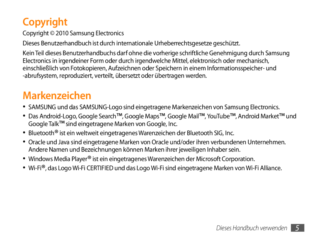 Samsung GT-P1000CWAATO, GT-P1000CWAVD2, GT-P1000MSADBT, GT-P1000CWAEPL, GT-P1000CWAMOB manual Copyright, Markenzeichen 