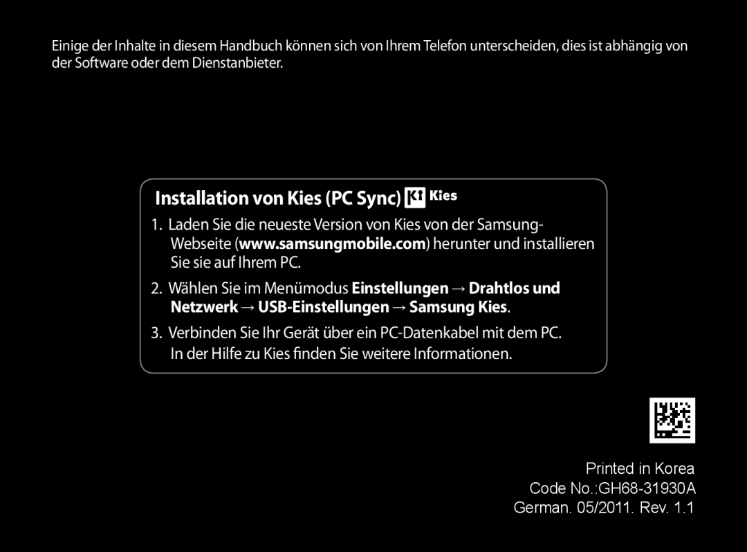 Samsung GT-P1000CWAVIA, GT-P1000CWAVD2, GT-P1000MSADBT, GT-P1000CWAEPL, GT-P1000CWAMOB manual Installation von Kies PC Sync 