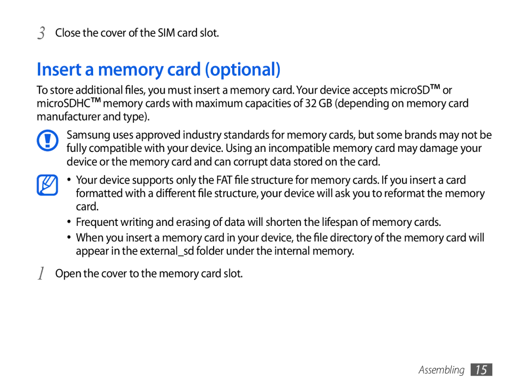 Samsung GT-P1000MSAVIA, GT-P1000CWAVD2, GT-P1000MSADBT, GT-P1000CWAEPL, GT-P1000CWAMOB manual Insert a memory card optional 