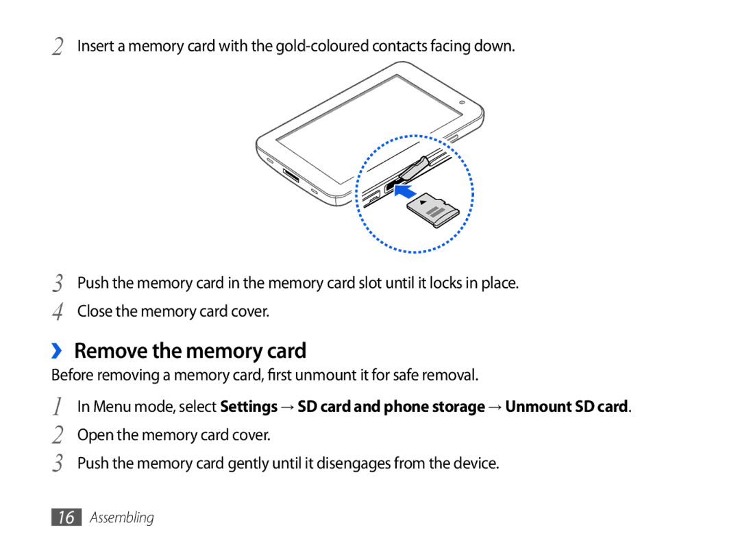 Samsung GT-P1000CWAVIA, GT-P1000CWAVD2, GT-P1000MSADBT, GT-P1000CWAEPL, GT-P1000CWAMOB manual ›› Remove the memory card 