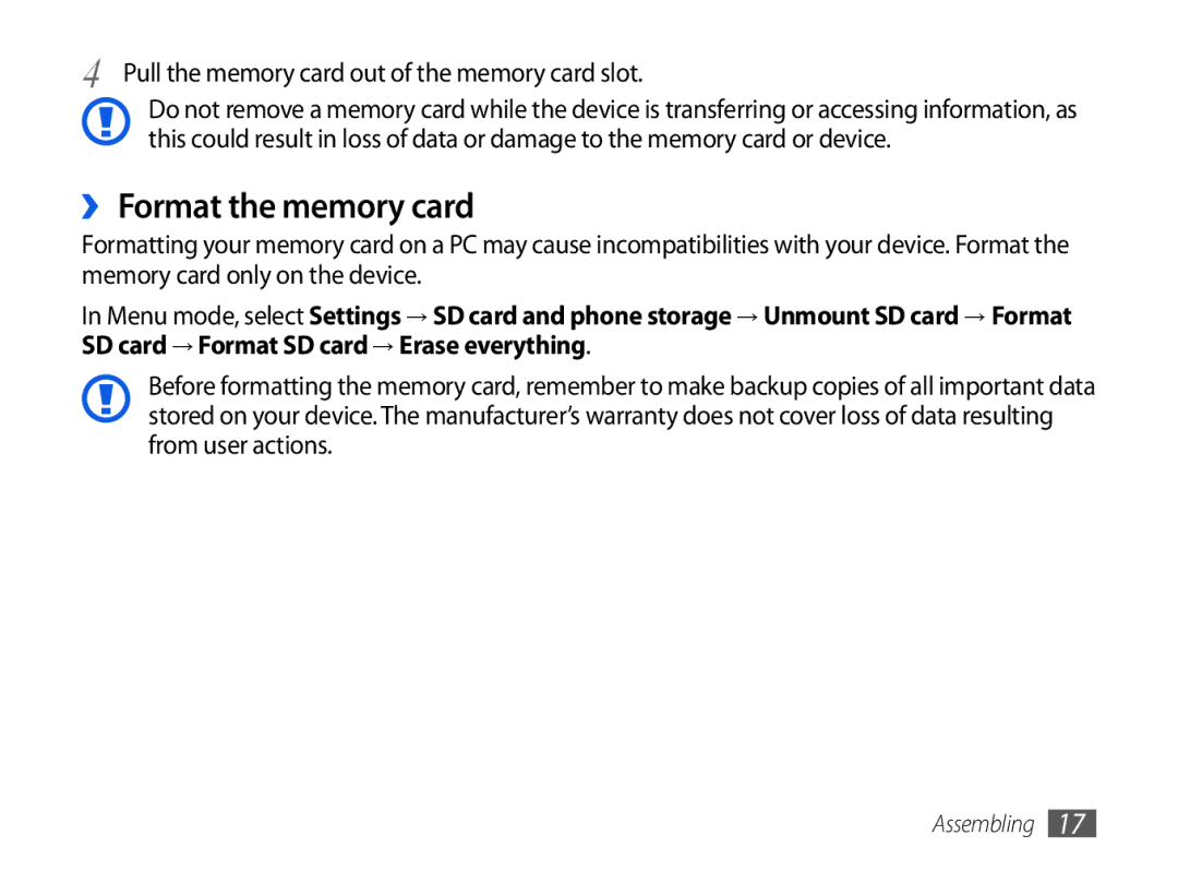 Samsung GT-P1000CWADTM, GT-P1000CWAVD2 manual ›› Format the memory card, Pull the memory card out of the memory card slot 