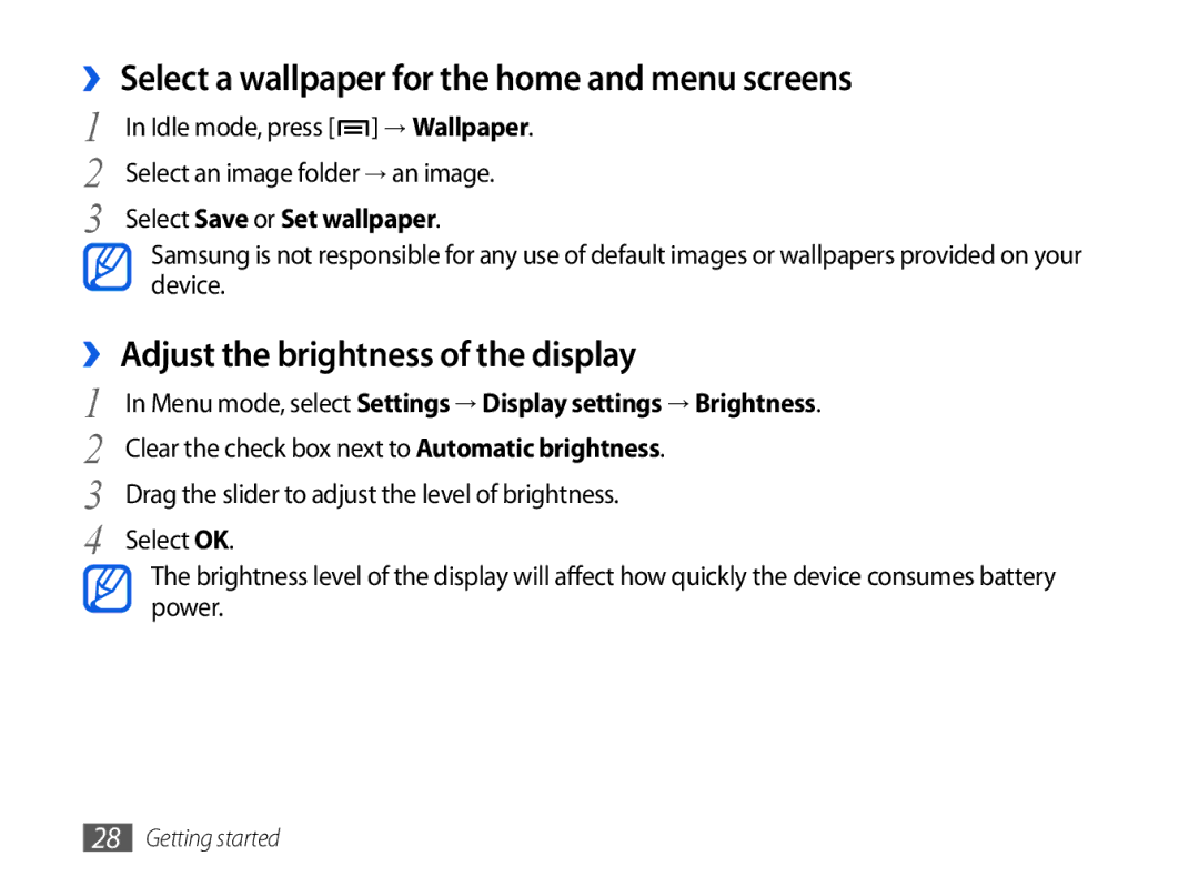 Samsung GT-P1000MSADBT manual ›› Select a wallpaper for the home and menu screens, ›› Adjust the brightness of the display 