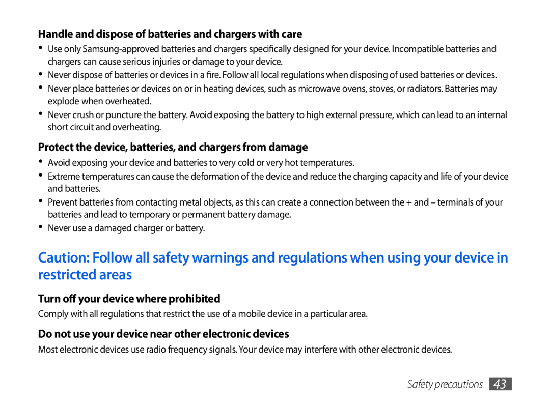 Samsung GT-P1000CWAVIA manual Handle and dispose of batteries and chargers with care, Turn off your device where prohibited 