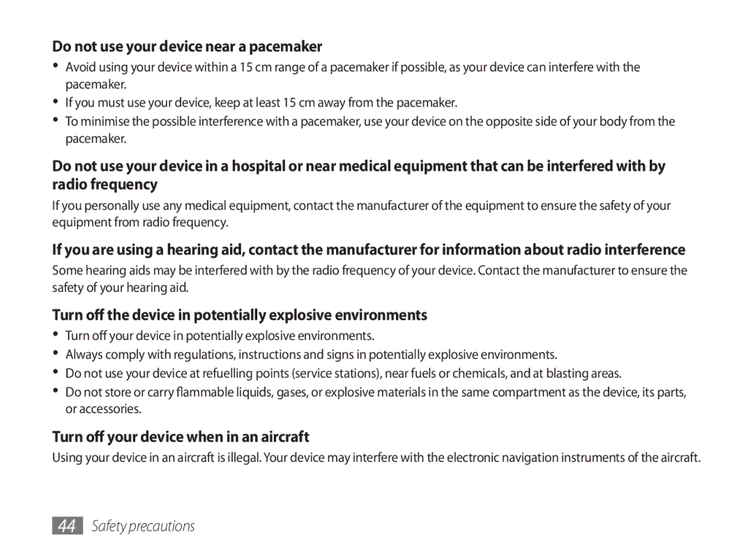 Samsung GT-P1000CWADTM Do not use your device near a pacemaker, Turn off the device in potentially explosive environments 