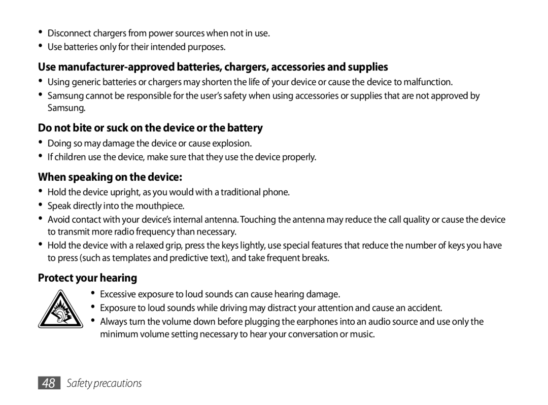 Samsung GT-P1000CWAMOB Do not bite or suck on the device or the battery, When speaking on the device, Protect your hearing 