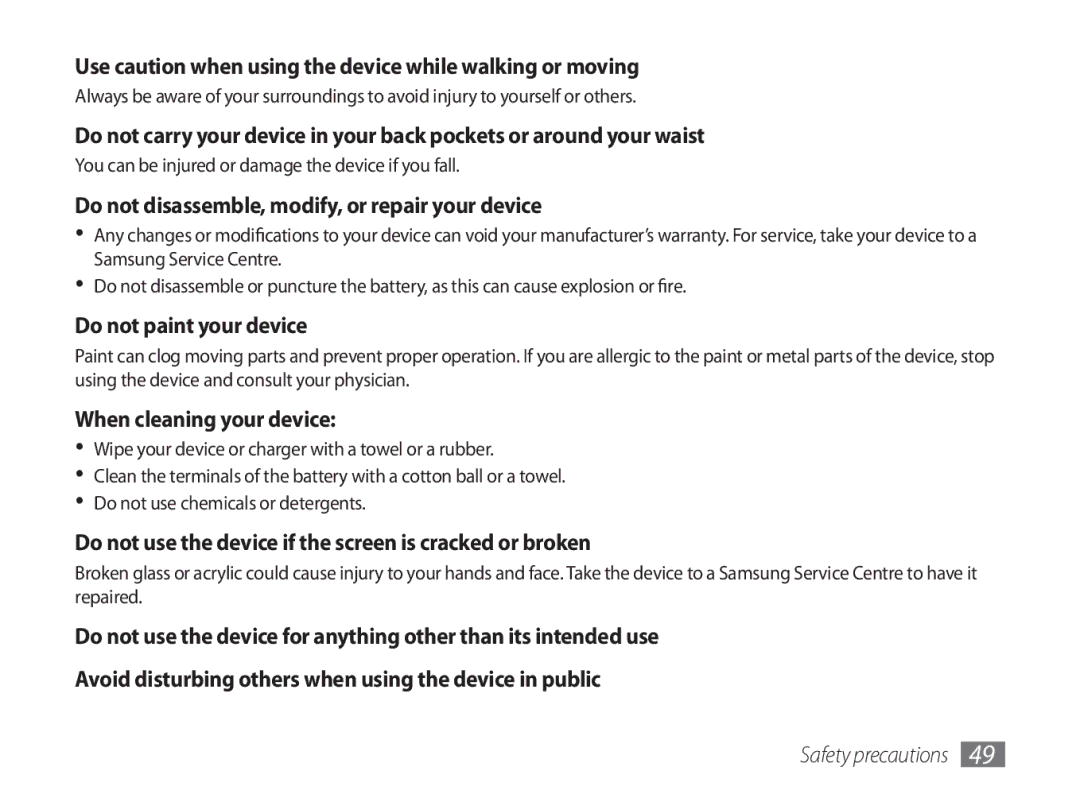 Samsung GT-P1000CWADBT, GT-P1000CWAVD2 Use caution when using the device while walking or moving, Do not paint your device 