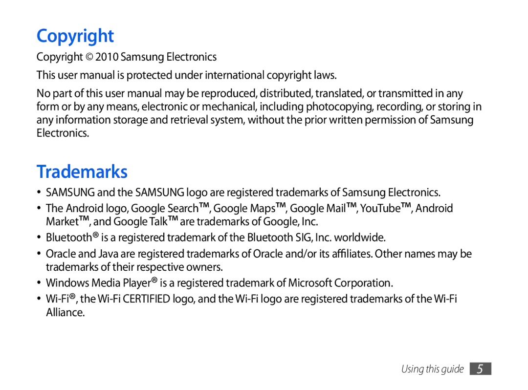 Samsung GT-P1000CWAATO, GT-P1000CWAVD2, GT-P1000MSADBT, GT-P1000CWAEPL, GT-P1000CWAMOB, GT-P1000CWADBT Copyright, Trademarks 