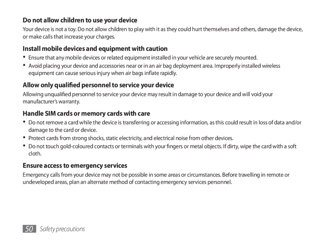 Samsung GT-P1000CWAATO manual Do not allow children to use your device, Install mobile devices and equipment with caution 