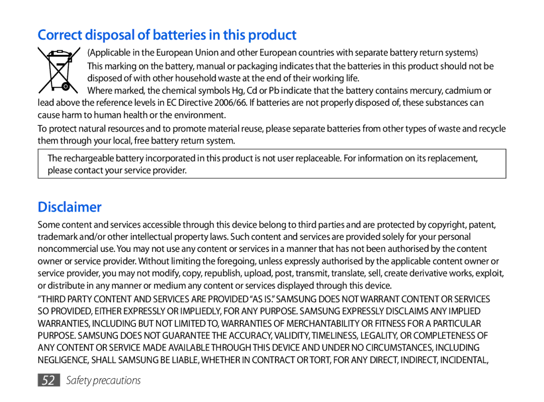 Samsung GT-P1000CWAVIA, GT-P1000CWAVD2, GT-P1000MSADBT, GT-P1000CWAEPL manual Correct disposal of batteries in this product 