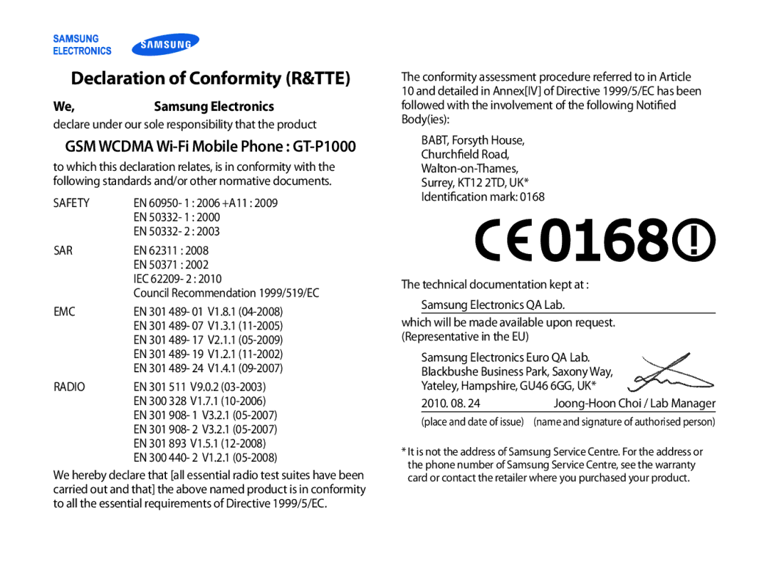 Samsung GT-P1000CWAVD2, GT-P1000MSADBT, GT-P1000CWAEPL, GT-P1000CWAMOB, GT-P1000CWADBT manual Declaration of Conformity R&TTE 