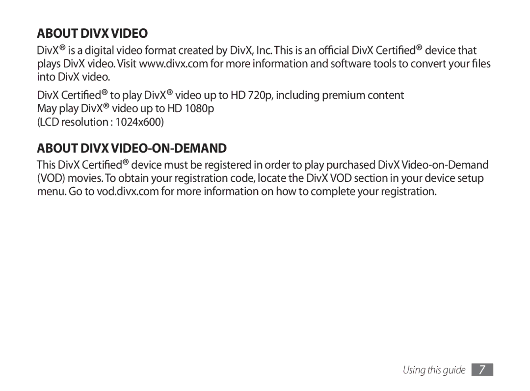 Samsung GT-P1000CWAVIA, GT-P1000CWAVD2, GT-P1000MSADBT, GT-P1000CWAEPL, GT-P1000CWAMOB manual About Divx VIDEO-ON-DEMAND 