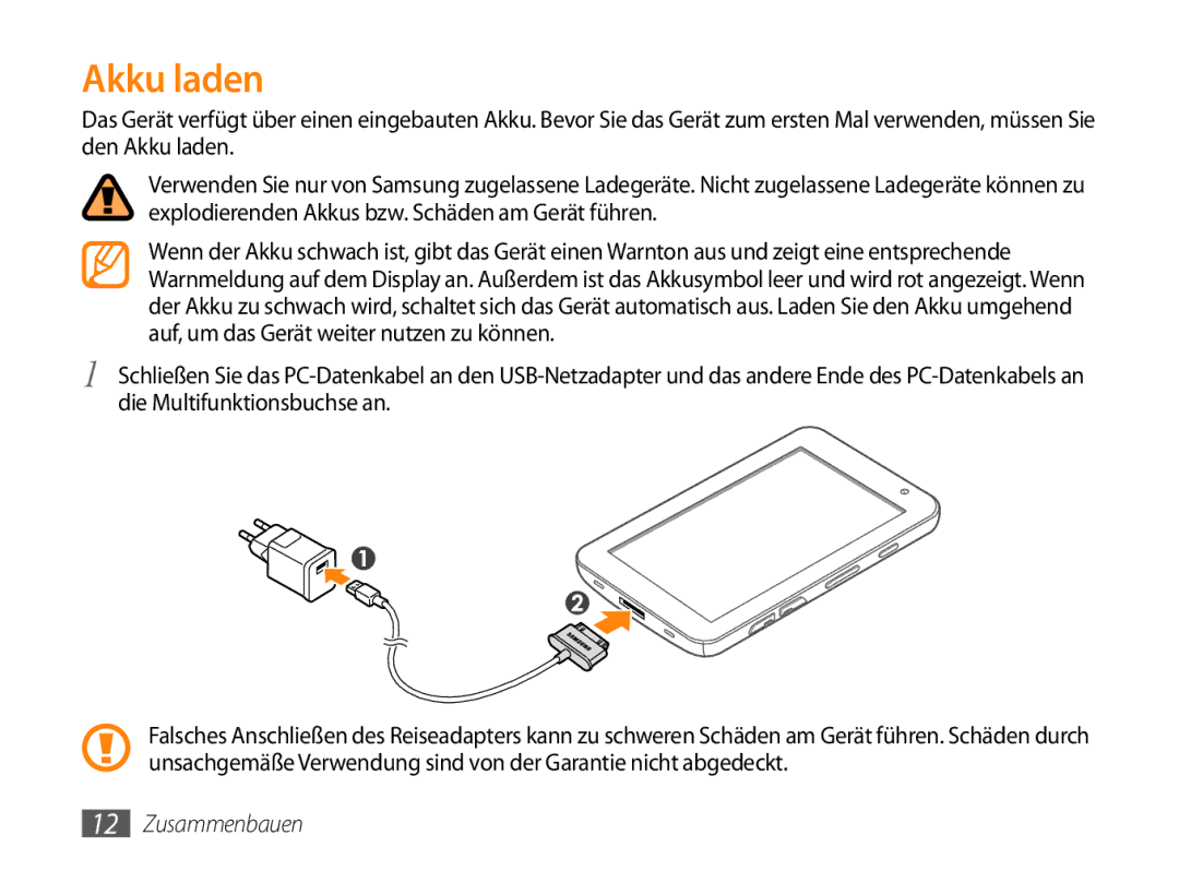 Samsung GT-P1000CWAMOB, GT-P1000CWAVD2, GT-P1000MSADBT, GT-P1000CWAEPL, GT-P1000CWADBT, GT-P1000CWAATO manual Akku laden 