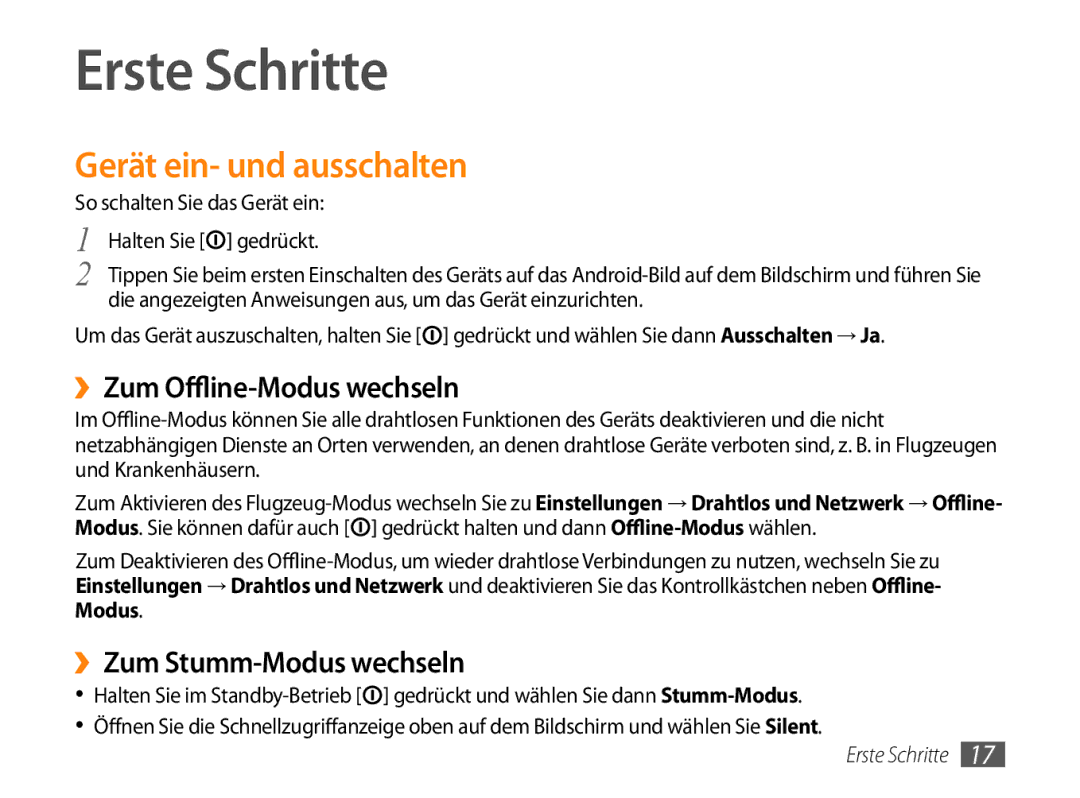 Samsung GT-P1000CWADTM, GT-P1000CWAVD2 manual Erste Schritte, Gerät ein- und ausschalten, ››Zum Offline-Modus wechseln 