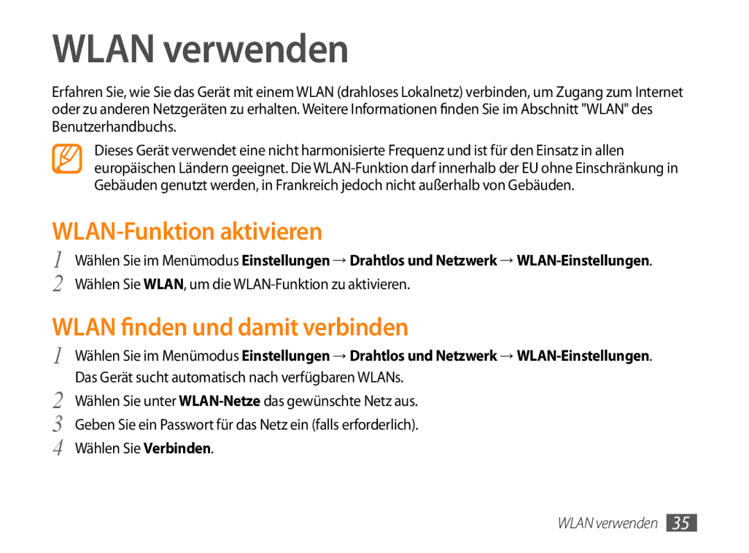 Samsung GT-P1000CWADTM, GT-P1000CWAVD2 manual Wlan verwenden, WLAN-Funktion aktivieren, Wlan finden und damit verbinden 