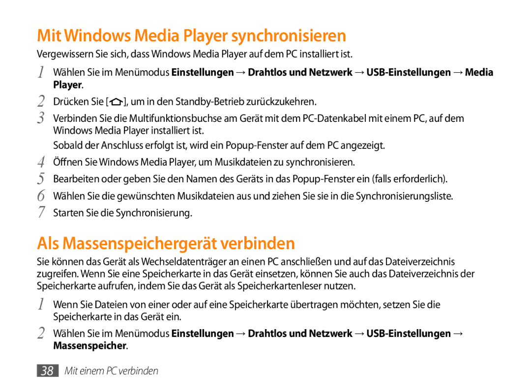 Samsung GT-P1000CWAEPL, GT-P1000CWAVD2 manual Mit Windows Media Player synchronisieren, Als Massenspeichergerät verbinden 