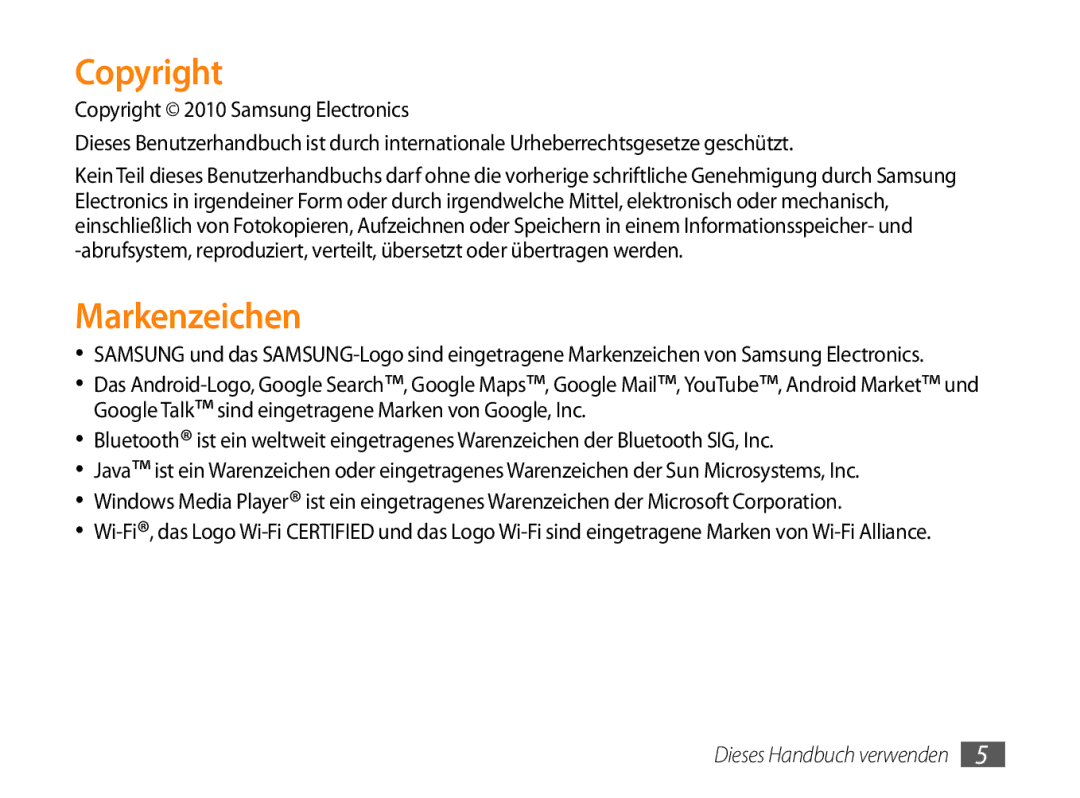 Samsung GT-P1000CWAATO, GT-P1000CWAVD2, GT-P1000MSADBT, GT-P1000CWAEPL, GT-P1000CWAMOB manual Copyright, Markenzeichen 