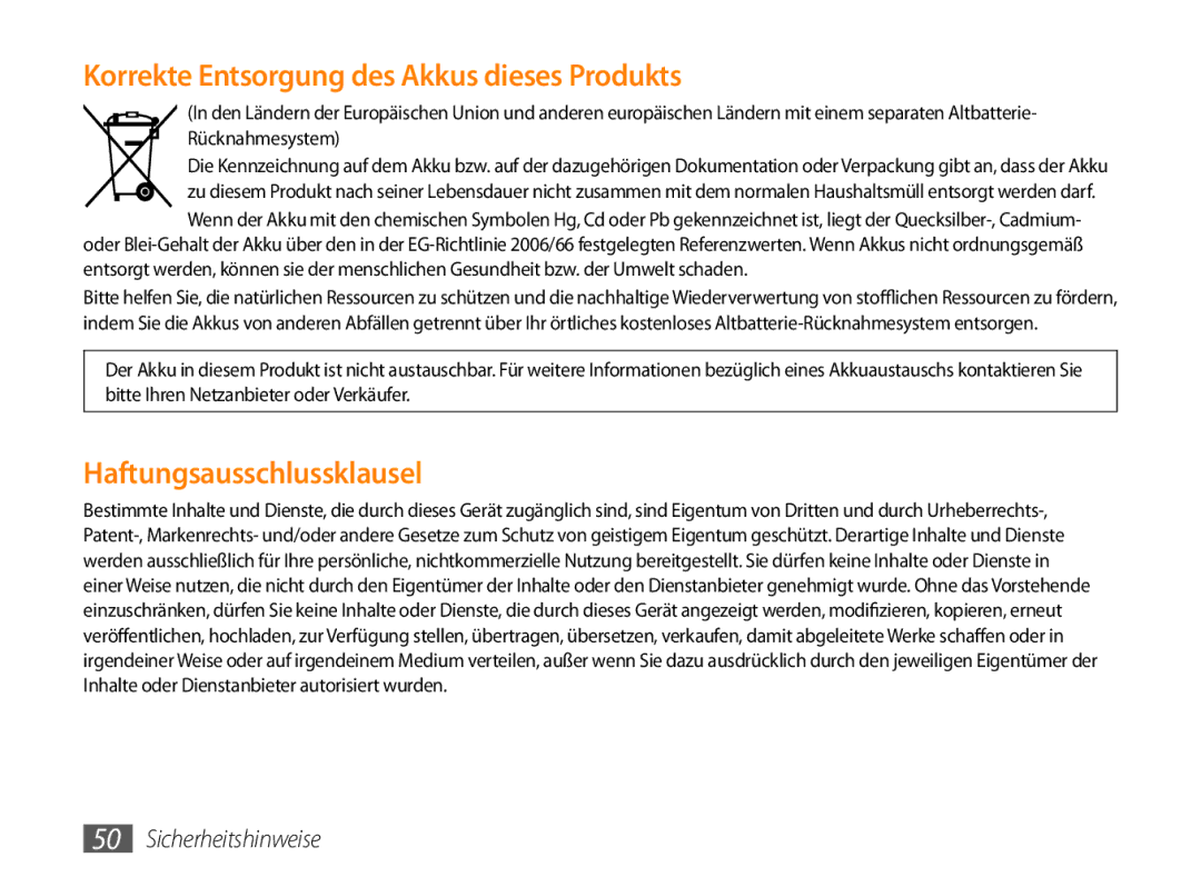 Samsung GT-P1000CWAATO, GT-P1000CWAVD2, GT-P1000MSADBT, GT-P1000CWAEPL manual Korrekte Entsorgung des Akkus dieses Produkts 