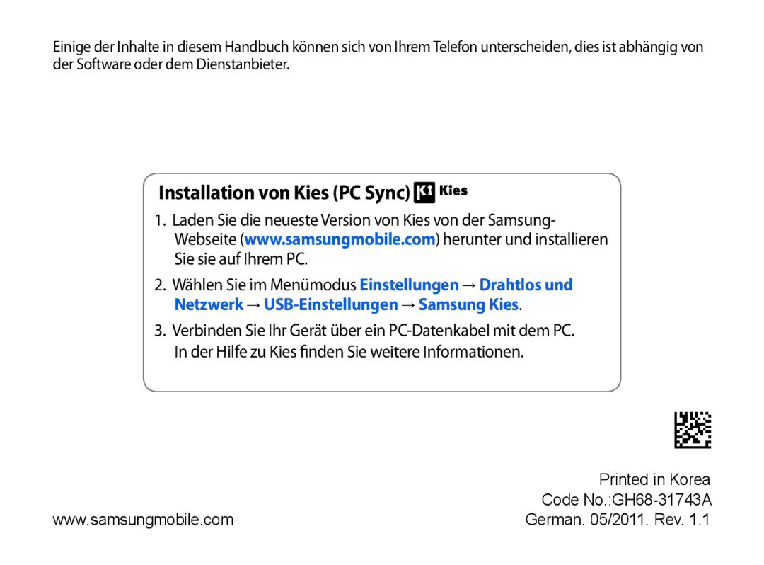 Samsung GT-P1000CWAVD2, GT-P1000MSADBT, GT-P1000CWAEPL, GT-P1000CWAMOB, GT-P1000CWADBT manual Installation von Kies PC Sync 